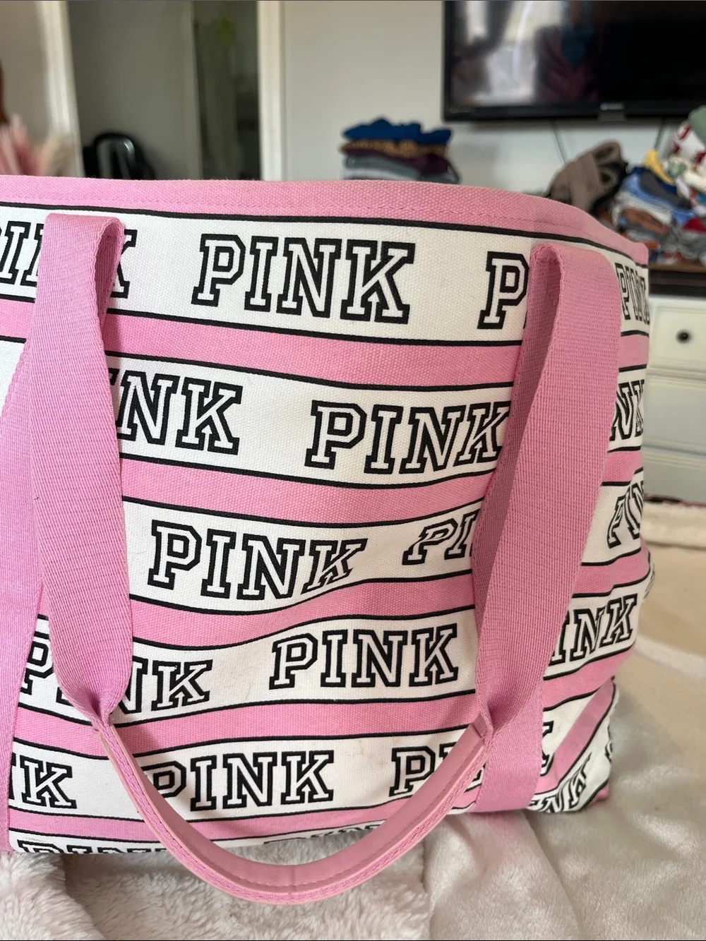 PINK Victoria's Secret Pink & White Logo Stripe Canvas Tote